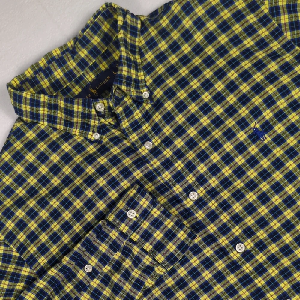 Polo Ralph Lauren Yellow & Blue Plaid‎ Long Sleeve Button-down Mens Shirt Size L